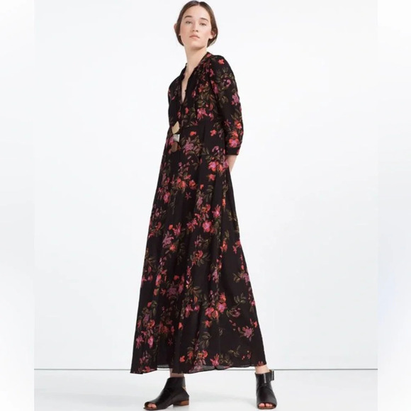 Zara Floral Black Maxi Dress Button Front 3/4 Sleeve XS - Picture 1 of 12